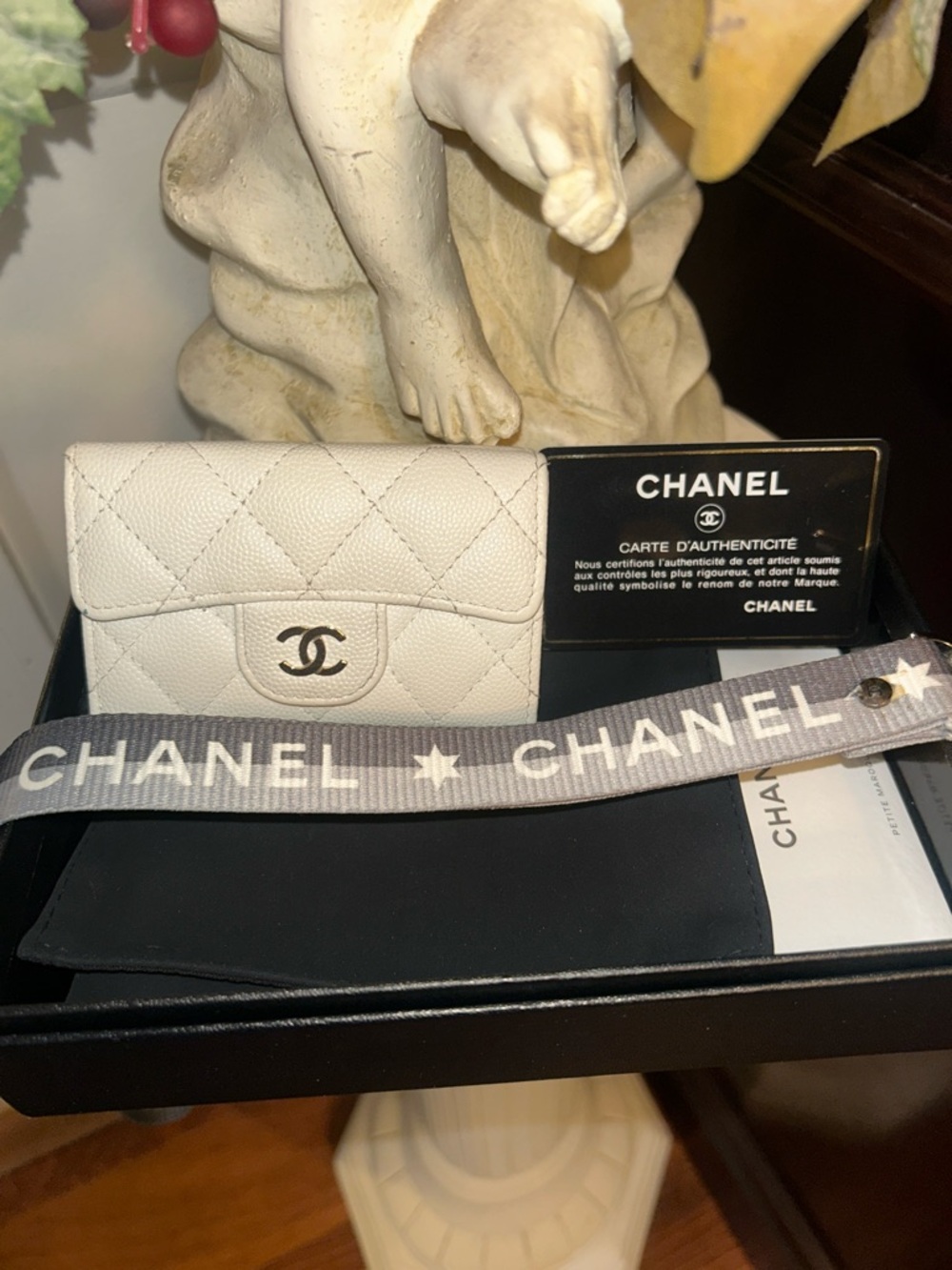 CHANEL White Quilted Caviar Classique Small Flap Wallet with CC Logo